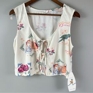 NWT Cali 1850 Tank Top Women's M White Floral Sleeveless Tie-Front V-Neck Beach